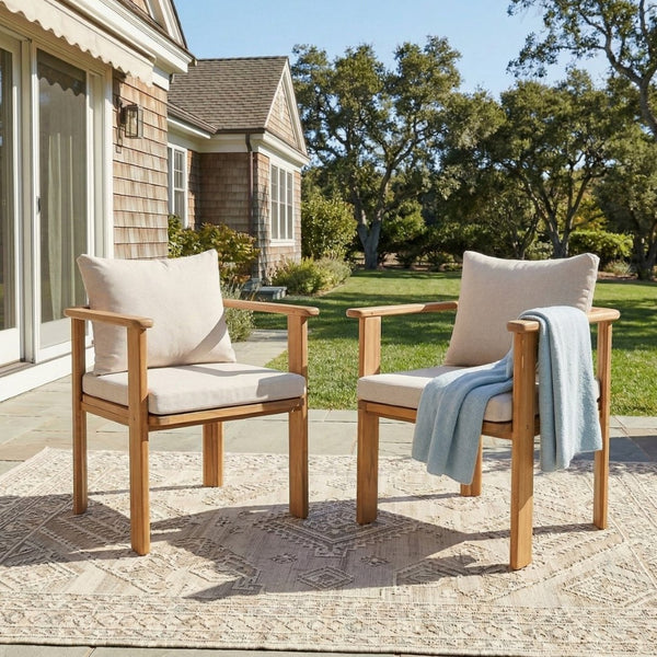 English Elm Kaja Outdoor Solid Acacia Wood Dining Chairs Teak Finish Cushioned Patio Set of 2 N775P374499T