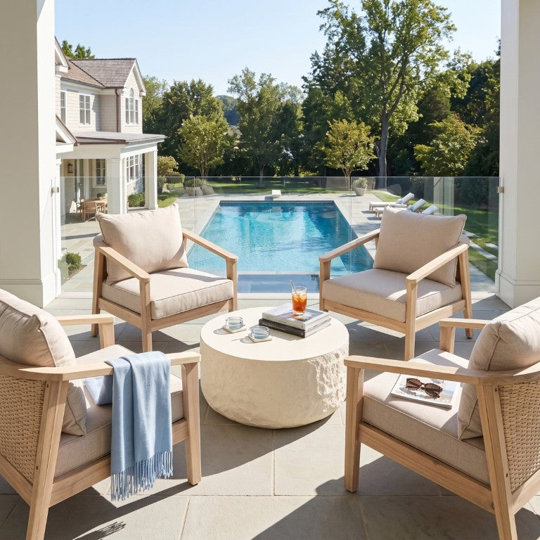 English Elm Solana Acacia Wood Rattan Outdoor Conversation Set with Round MGO Coffee Table N775P380693T-S4_N775P508261C