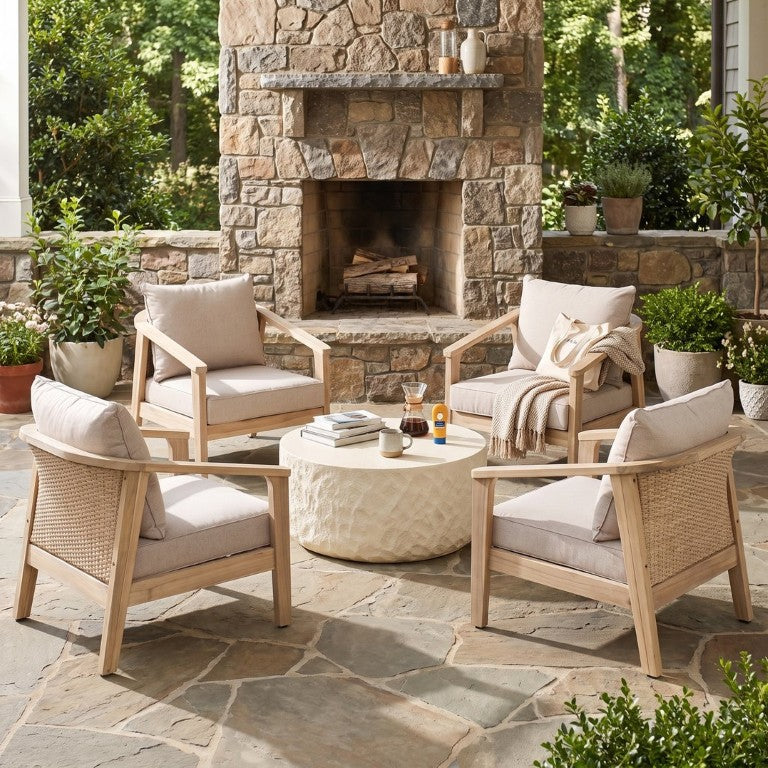 English Elm Solana Acacia Wood Rattan Outdoor Conversation Set with Round MGO Coffee Table N775P380693T-S4_N775P508261C