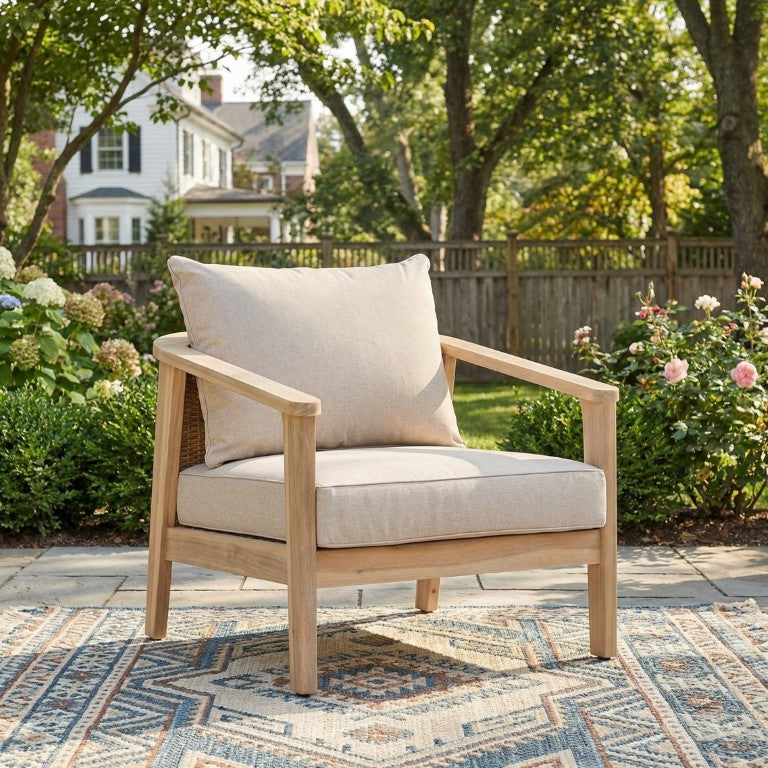 English Elm Hartford Outdoor Acacia Wood Wicker Club Chair Patio Seating with Cushion N775P380693T
