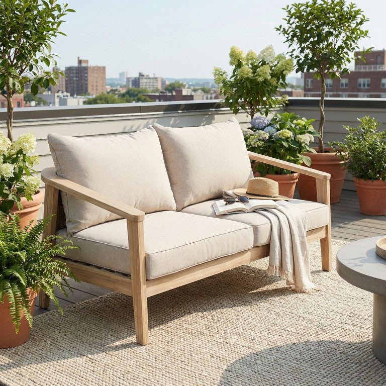 English Elm Hartford Outdoor Acacia and Wicker Loveseat with Airy White Frame for Patio Gardens N775P380695T