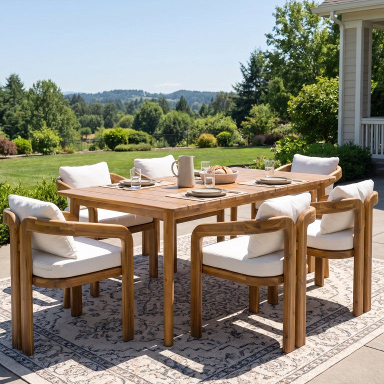 English Elm Arcora Solid Acacia Wood Outdoor Dining Set Seats Six with Cushioned Armchairs N775P385672T-6_N775P235144T