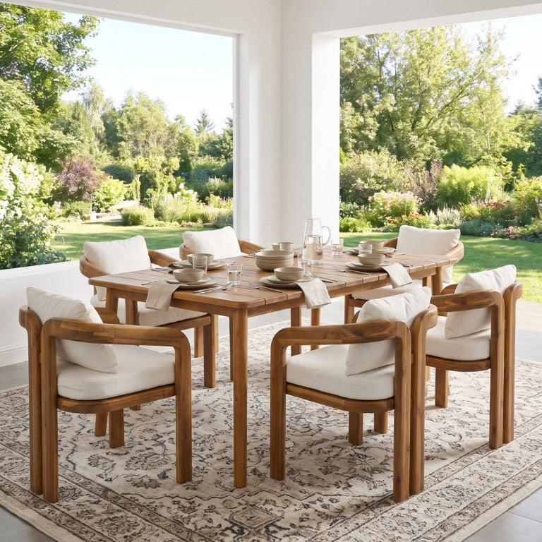 English Elm Arcora Solid Acacia Wood Outdoor Dining Set Seats Six with Cushioned Armchairs N775P385672T-6_N775P235144T
