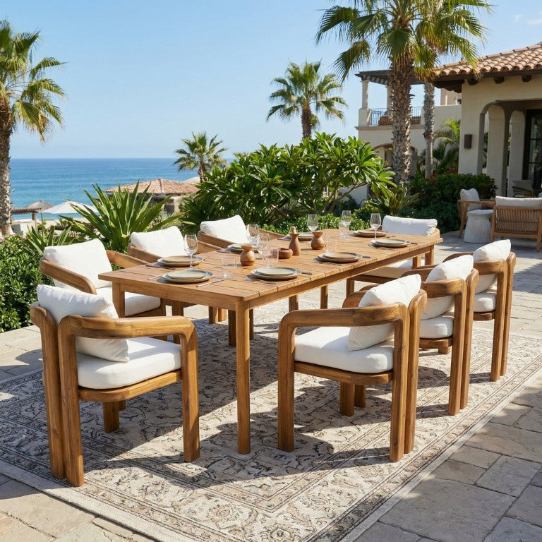 English Elm Arcora Outdoor Solid Acacia Wood 9 Piece Patio Dining Set with Cushioned Arm Chairs N775P385672T-8_N775P367562T