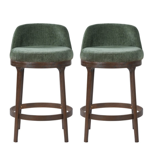 English Elm Chole Mid-Century Chenille Counter Stools with Walnut Tapered Legs for Kitchen Islands Green Set of 2 N775P385796G
