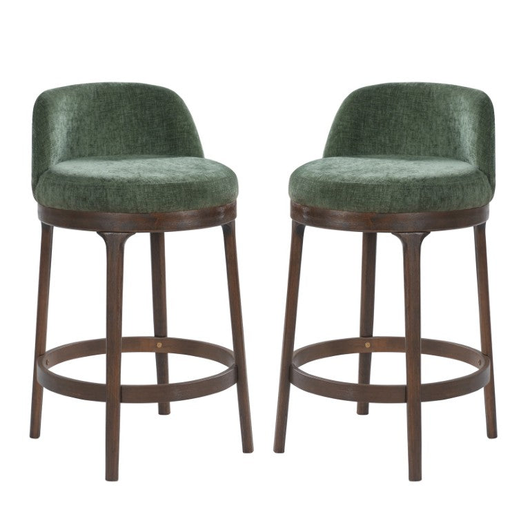 English Elm Chole Mid-Century Chenille Counter Stools with Walnut Tapered Legs for Kitchen Islands Green Set of 2 N775P385796G