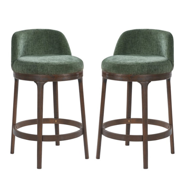 English Elm Chole Mid-Century Chenille Counter Stools with Walnut Tapered Legs for Kitchen Islands Green Set of 2 N775P385796G