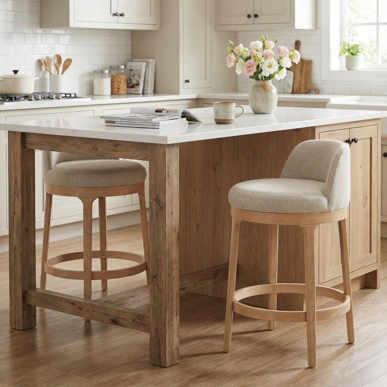 English Elm Chole Rubberwood Counter Stools Cushioned Seats Organic Grain for Kitchen Islands Natural / Beige Set of 2 N775P385796N