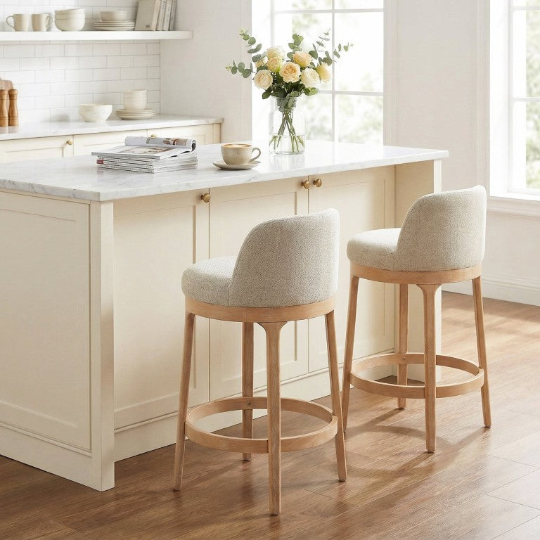English Elm Chole Rubberwood Counter Stools Cushioned Seats Organic Grain for Kitchen Islands Natural / Beige Set of 2 N775P385796N