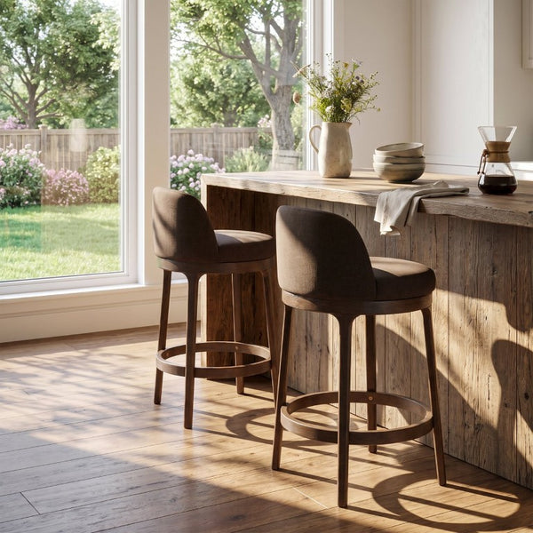 English Elm Chole Mid-Century Chenille Counter Stools with Walnut Tapered Legs for Kitchen Islands Taupe Set of 2 N775P385796T