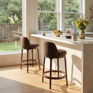 English Elm Chole Mid-Century Chenille Counter Stools with Walnut Tapered Legs for Kitchen Islands Taupe Set of 2 N775P385796T