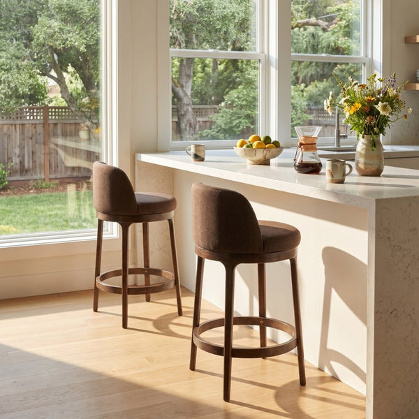 English Elm Chole Mid-Century Chenille Counter Stools with Walnut Tapered Legs for Kitchen Islands Taupe Set of 2 N775P385796T