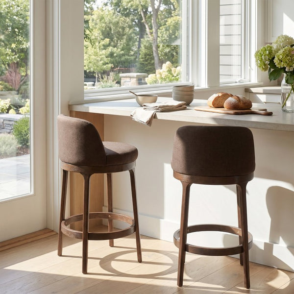 English Elm Chole Mid-Century Chenille Counter Stools with Walnut Tapered Legs for Kitchen Islands Taupe Set of 2 N775P385796T