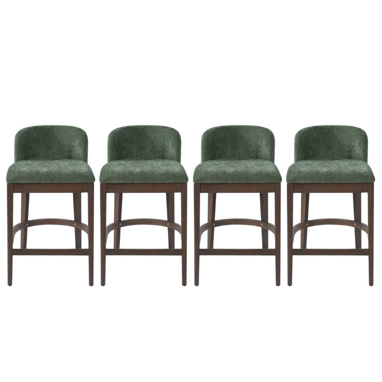 English Elm Calista Mid-Century Walnut Wood Counter Stools Chenille Upholstered Kitchen Bar Seating Green Set of 4 N775P385805G-S4