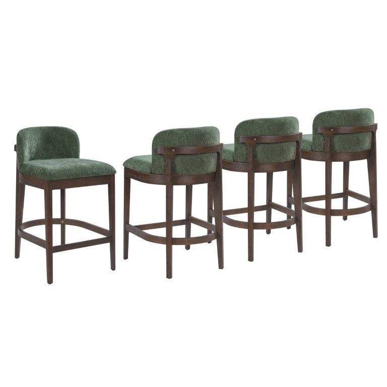 English Elm Calista Mid-Century Walnut Wood Counter Stools Chenille Upholstered Kitchen Bar Seating Green Set of 4 N775P385805G-S4