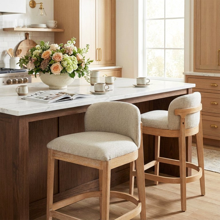 English Elm Calista Rubberwood Counter Stools with Beige Upholstery for Kitchen Islands Natural Set of 2 N775P385805N