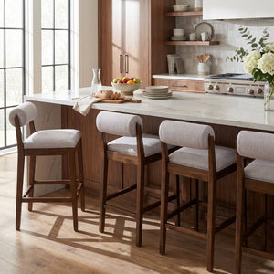 English Elm Elowen Rubberwood Counter Stools Sand Fabric Cylindrical Backrest for Kitchen Islands Set of 4 N775P386408D-S4