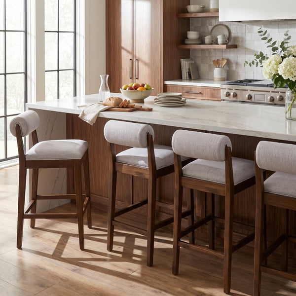 English Elm Elowen Rubberwood Counter Stools Sand Fabric Cylindrical Backrest for Kitchen Islands Set of 4 N775P386408D-S4