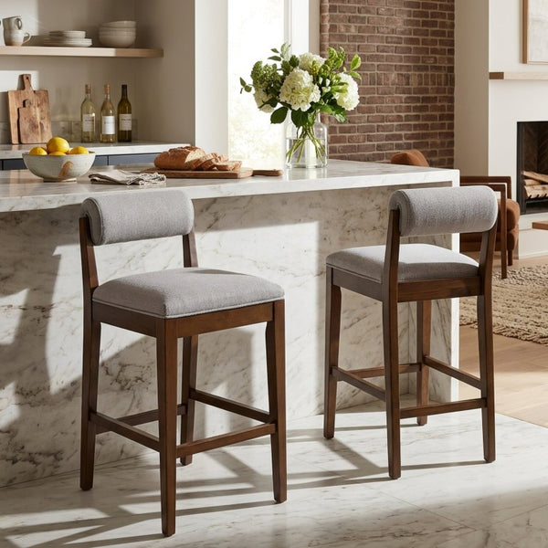 English Elm Elowen Rubberwood Counter Stools Sand Fabric Cylindrical Backrest for Kitchen Islands Set of 2 N775P386408D