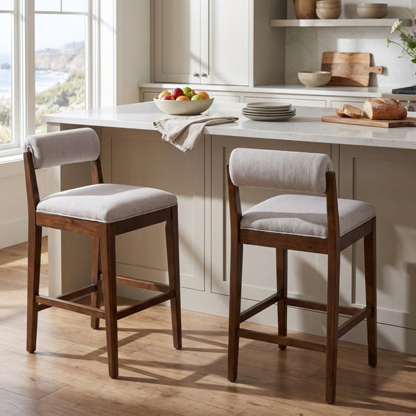 English Elm Elowen Rubberwood Counter Stools Sand Fabric Cylindrical Backrest for Kitchen Islands Set of 2 N775P386408D