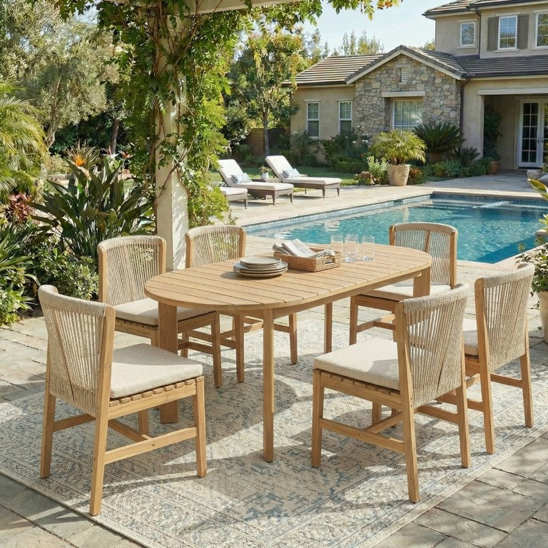 English Elm Louie Outdoor Acacia Wood Oval Dining Set with Rope Woven Chairs for Patio Gatherings N775P395136B-6_N775P405620L
