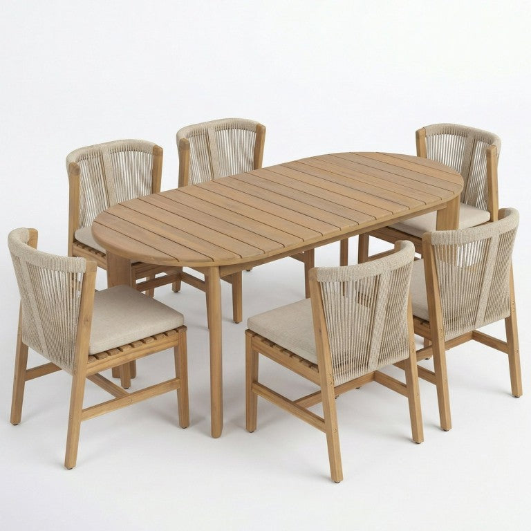 English Elm Louie Outdoor Acacia Wood Oval Dining Set with Rope Woven Chairs for Patio Gatherings N775P395136B-6_N775P405620L