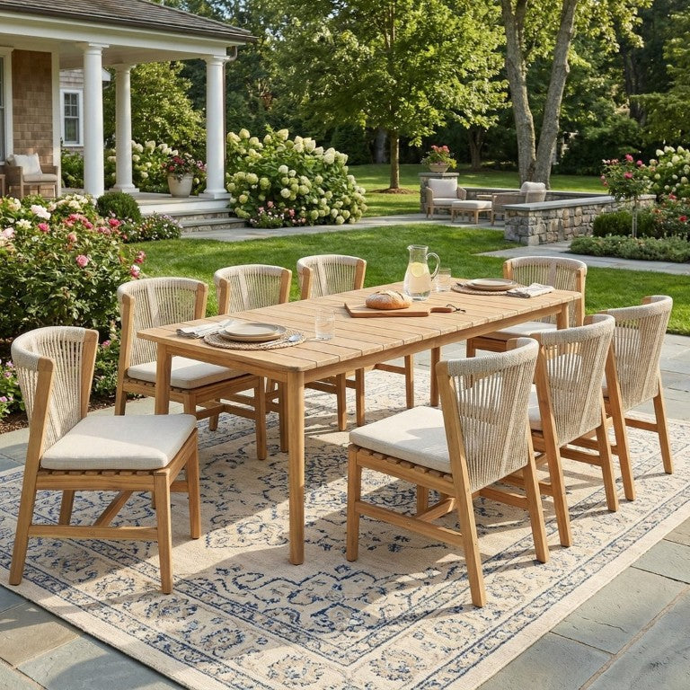 English Elm Louie Outdoor Acacia Wood 9 Piece Dining Set with Hand Woven Rope Chairs for Patios N775P395136B-8_N775P367562G