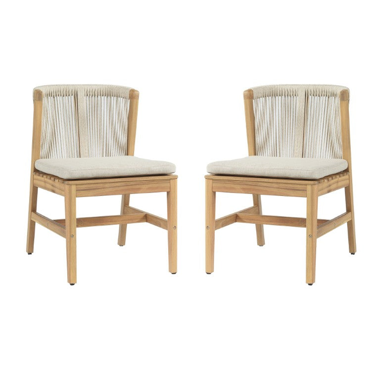 English Elm Louie Outdoor Acacia Wood Dining Chairs with Rope Backrest and Beige Cushions Set of 2 N775P395136B