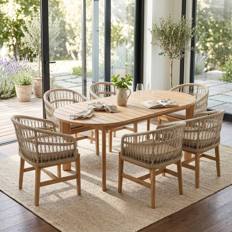 English Elm Lioran Oval Acacia Wood Patio Dining Set Seats 6 with Woven Rope Cushioned Chairs N775P395366B-6_N775P405620L