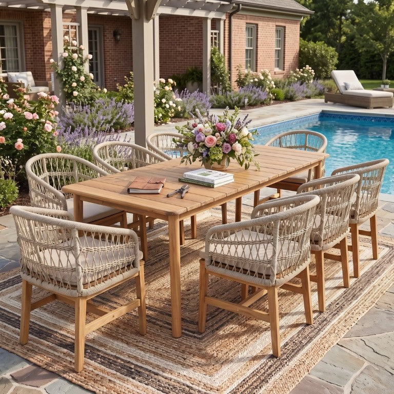 English Elm Laguna Acacia Wood Outdoor Dining Set 9 Piece Rope Woven Chairs Patio Table N775P395366B-8_N775P367562G