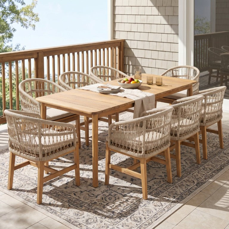 English Elm Laguna Acacia Wood Outdoor Dining Set 9 Piece Rope Woven Chairs Patio Table N775P395366B-8_N775P367562G