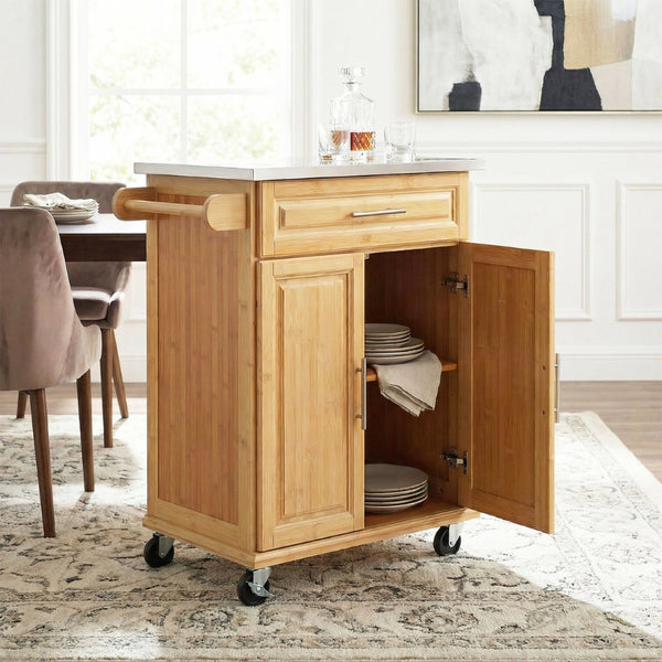 English Elm Indoor Bamboo Rolling Kitchen Island with Stainless Steel Top Drawer Cabinet N775P396851N