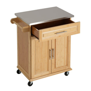English Elm Indoor Bamboo Rolling Kitchen Island with Stainless Steel Top Drawer Cabinet N775P396851N