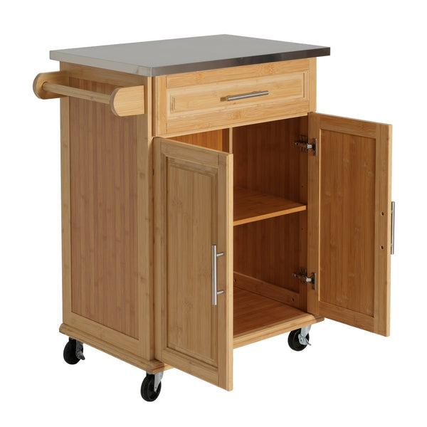 English Elm Indoor Bamboo Rolling Kitchen Island with Stainless Steel Top Drawer Cabinet N775P396851N
