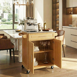 English Elm Indoor Bamboo Rolling Kitchen Island with Stainless Steel Top Drawer Cabinet N775P396851N