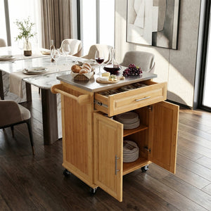 English Elm Indoor Bamboo Rolling Kitchen Island with Stainless Steel Top Drawer Cabinet N775P396851N