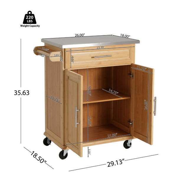English Elm Indoor Bamboo Rolling Kitchen Island with Stainless Steel Top Drawer Cabinet N775P396851N