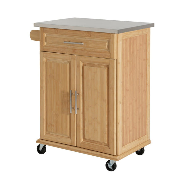 English Elm Indoor Bamboo Rolling Kitchen Island with Stainless Steel Top Drawer Cabinet N775P396851N