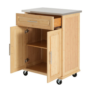 English Elm Indoor Bamboo Rolling Kitchen Island with Stainless Steel Top Drawer Cabinet N775P396851N