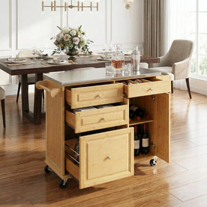 English Elm Indoor Bamboo Frame Rolling Kitchen Cart with Steel Top Drawers Cabinet Towel Rack N775P396853N