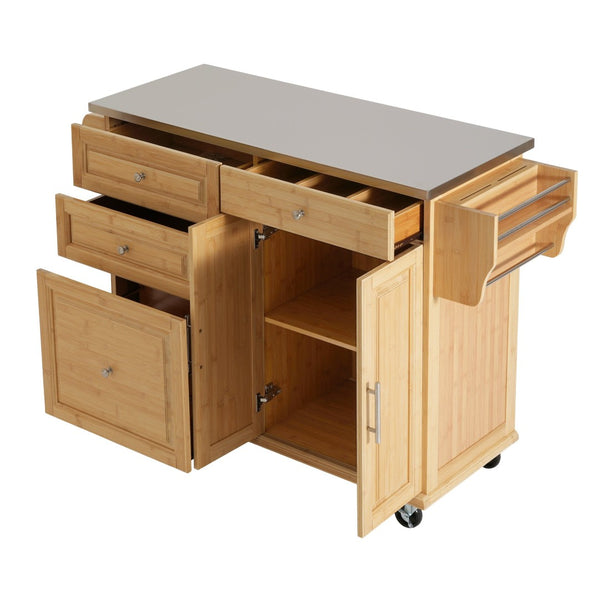 English Elm Indoor Bamboo Frame Rolling Kitchen Cart with Steel Top Drawers Cabinet Towel Rack N775P396853N