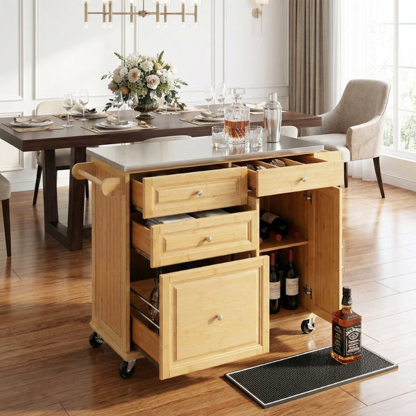 English Elm Indoor Bamboo Frame Rolling Kitchen Cart with Steel Top Drawers Cabinet Towel Rack N775P396853N