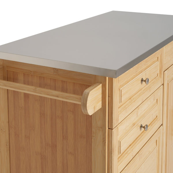 English Elm Indoor Bamboo Frame Rolling Kitchen Cart with Steel Top Drawers Cabinet Towel Rack N775P396853N