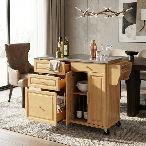 English Elm Indoor Bamboo Frame Rolling Kitchen Cart with Steel Top Drawers Cabinet Towel Rack N775P396853N