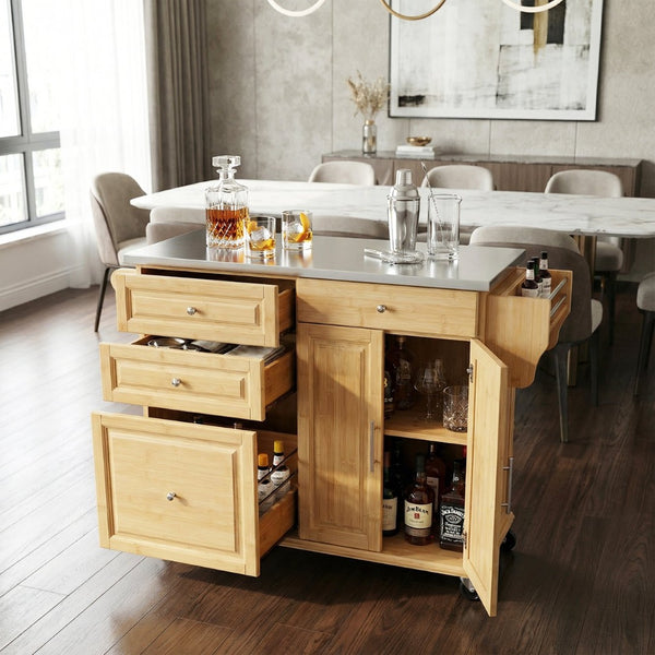 English Elm Indoor Bamboo Frame Rolling Kitchen Cart with Steel Top Drawers Cabinet Towel Rack N775P396853N