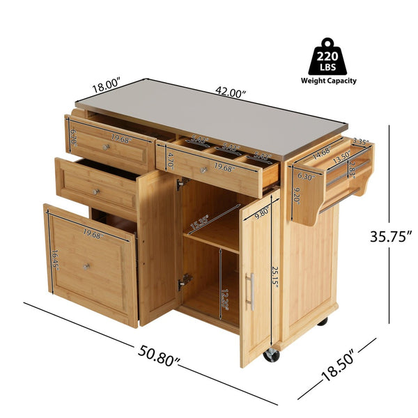 English Elm Indoor Bamboo Frame Rolling Kitchen Cart with Steel Top Drawers Cabinet Towel Rack N775P396853N