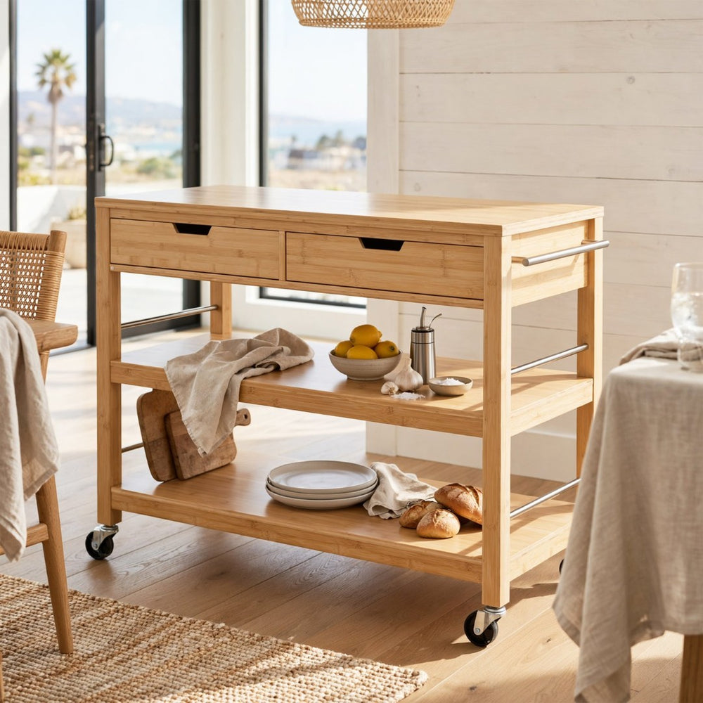 English Elm Indoor Bamboo Rolling Kitchen Cart with Drawers Open Shelves and Locking Casters N775P396854N