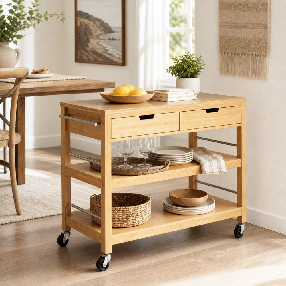 English Elm Indoor Bamboo Rolling Kitchen Cart with Drawers Open Shelves and Locking Casters N775P396854N