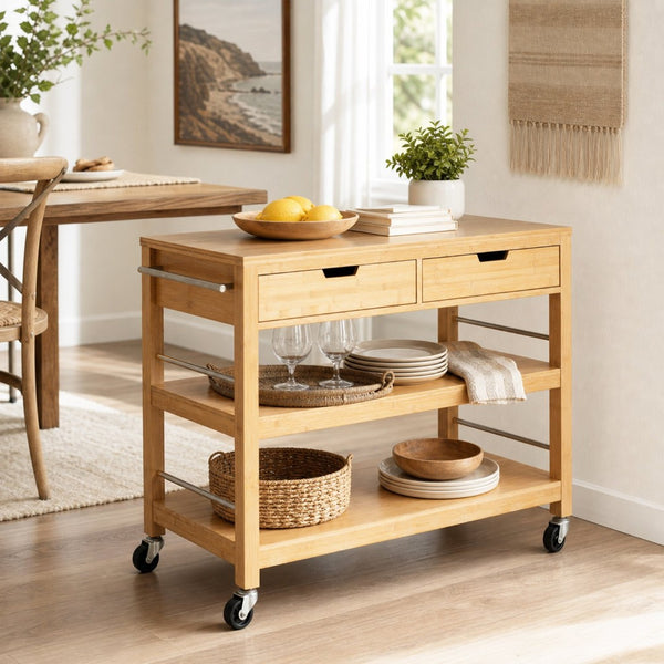 English Elm Indoor Bamboo Rolling Kitchen Cart with Drawers Open Shelves and Locking Casters N775P396854N