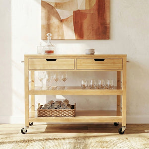 English Elm Indoor Bamboo Rolling Kitchen Cart with Drawers Open Shelves and Locking Casters N775P396854N